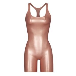 champagne SKIMS swim metallic cycle romper | one-piece | rose gold swim